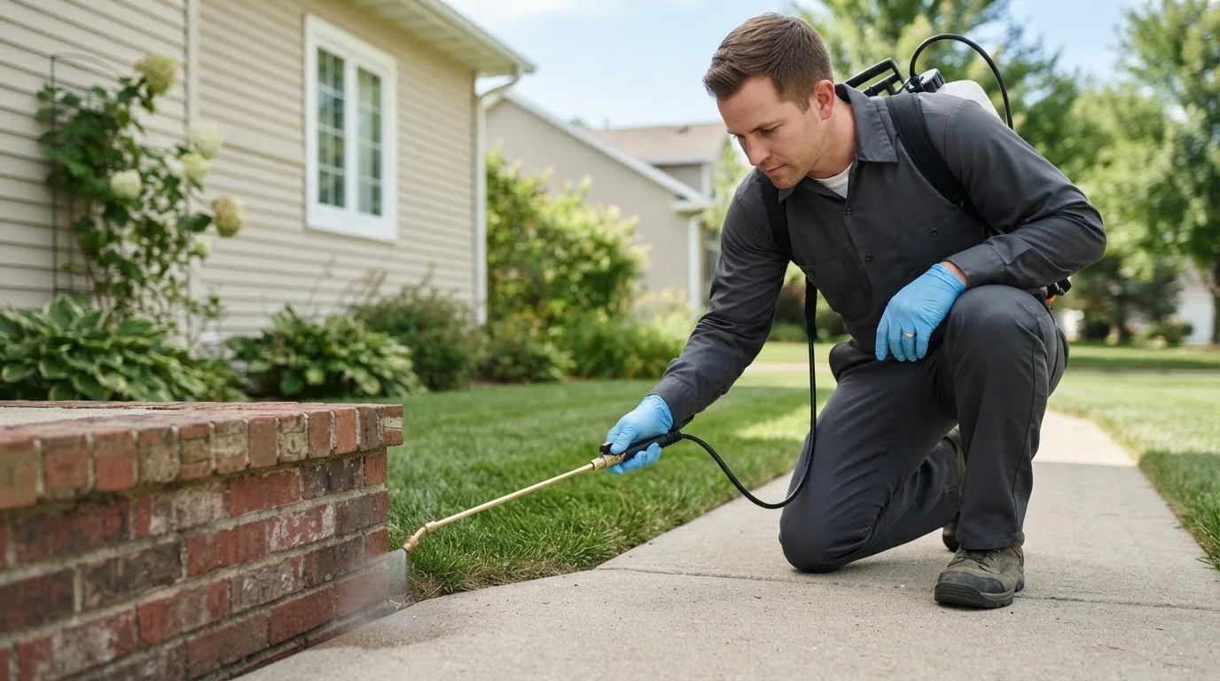 Pest control technician treating a home near Pandora, OH